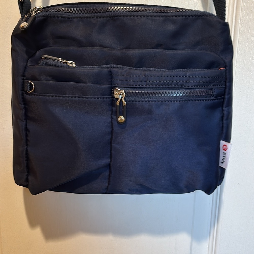 ETIDY BRAND NAVY BLUE NYLON CROSSBODY ADJUSTABLE STRAP ORANGE NYLON INTERIOR